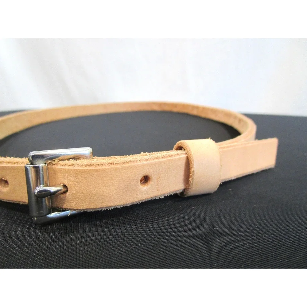 Handmade Nude Beige Natural Leather Silver Buckle Skinny Belt Sz M /L, 32